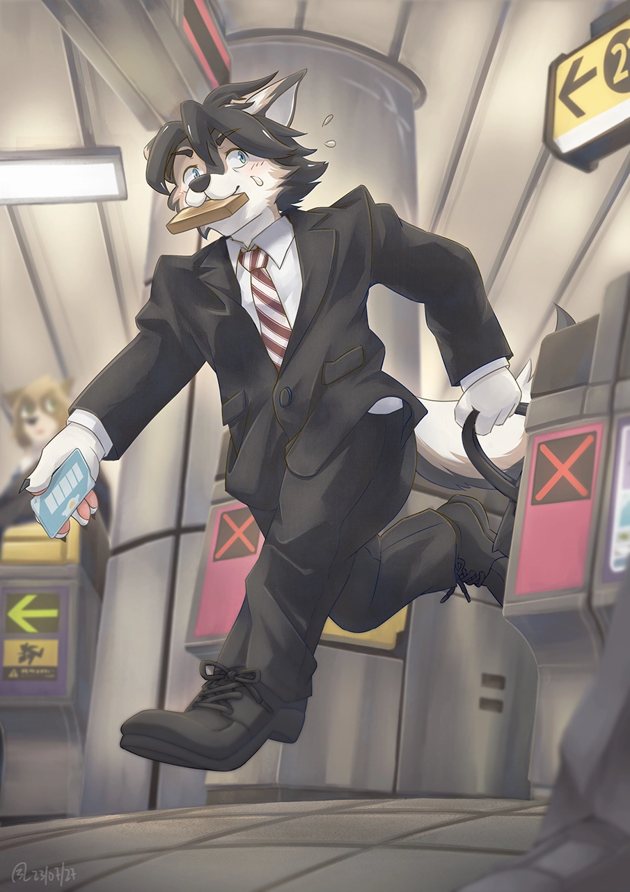 An anthropomorphic wolf dog hybrid is rushing through a subway&rsquo;s ticket gate.