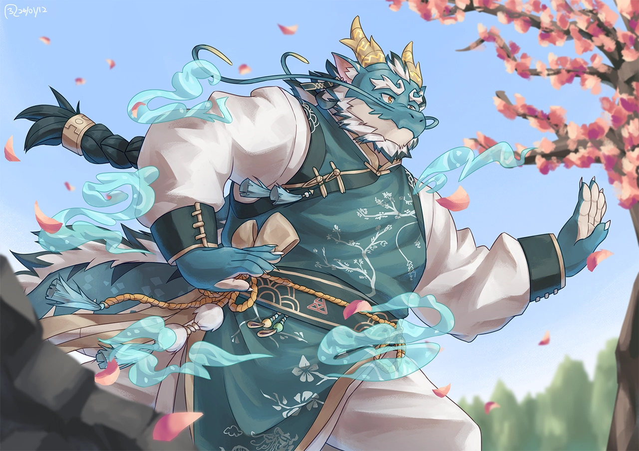 Qinglong, an anthropomorphic character in Lifewonders&rsquo; &ldquo;Tokyo Afterschool Summoners&rdquo;, is doing a martial arts move at an open space with plum blossom trees around.